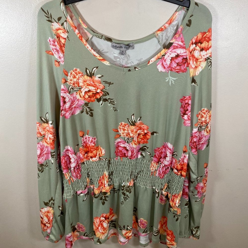 Absolutely Famous Green Smocked Waist Long Sleeve Floral Top
